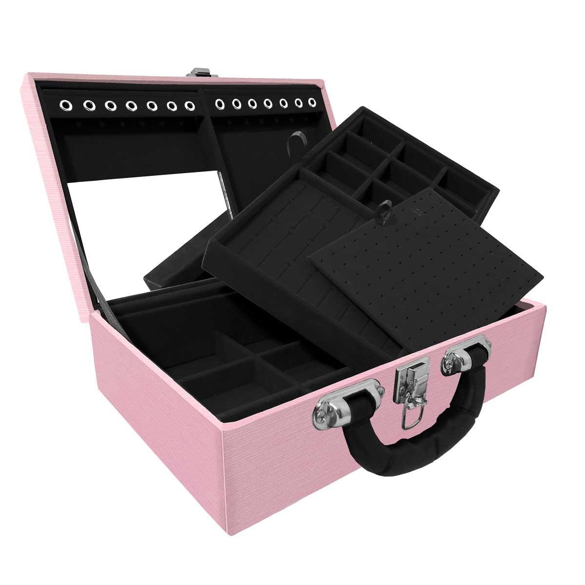 Estojo Maleta Porta Jóias Duplo Médio Milão Rosa Com Alça Preta e Espelho