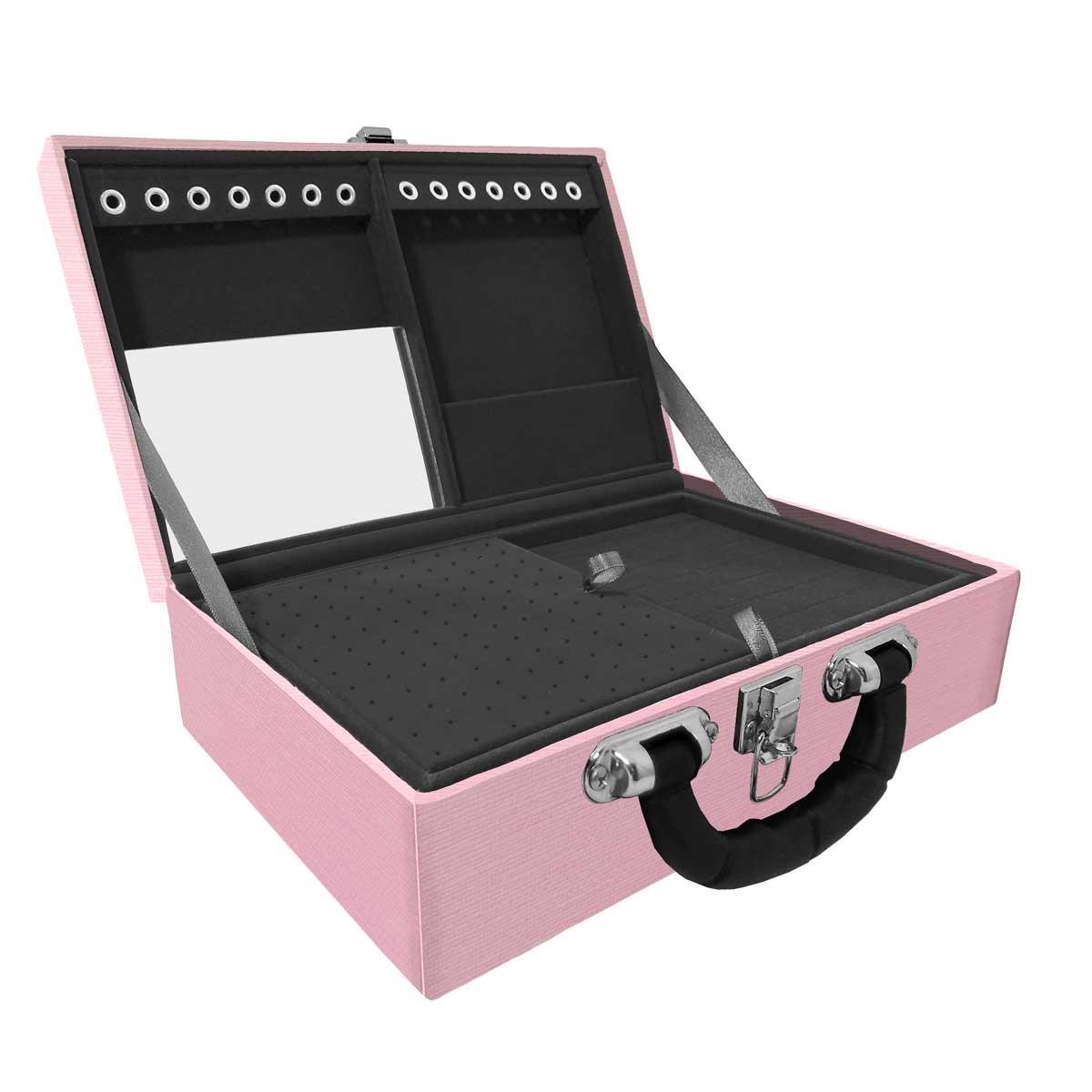 Estojo Maleta Porta Jóias Duplo Médio Milão Rosa Com Alça Preta e Espelho