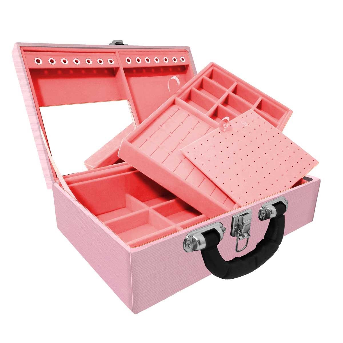 Estojo Maleta Porta Jóias Duplo Médio Milão Rosa Com Alça Preta e Espelho