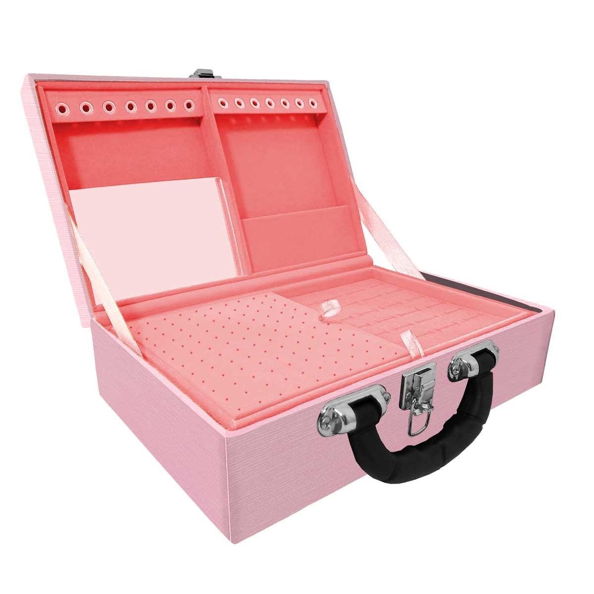 Estojo Maleta Porta Jóias Duplo Médio Milão Rosa Com Alça Preta e Espelho