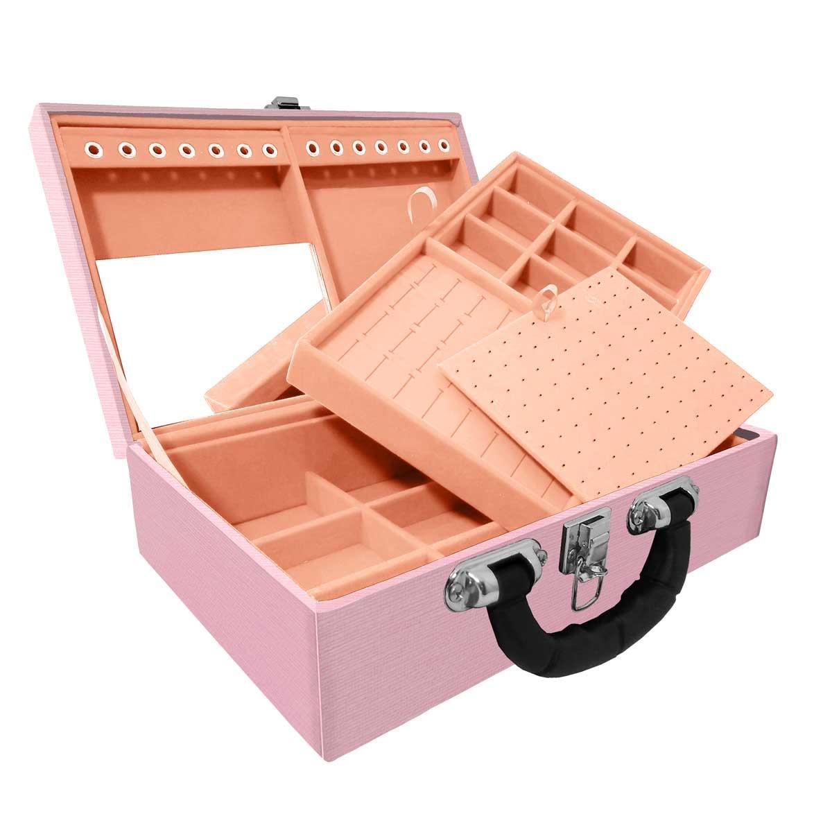 Estojo Maleta Porta Jóias Duplo Médio Milão Rosa Com Alça Preta e Espelho