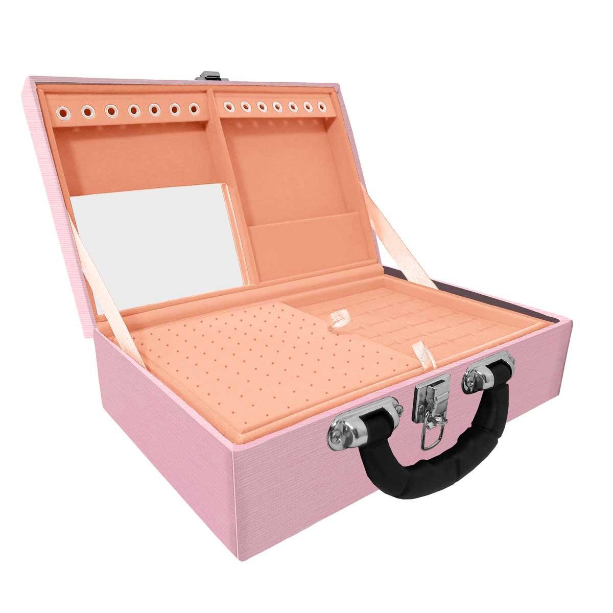 Estojo Maleta Porta Jóias Duplo Médio Milão Rosa Com Alça Preta e Espelho
