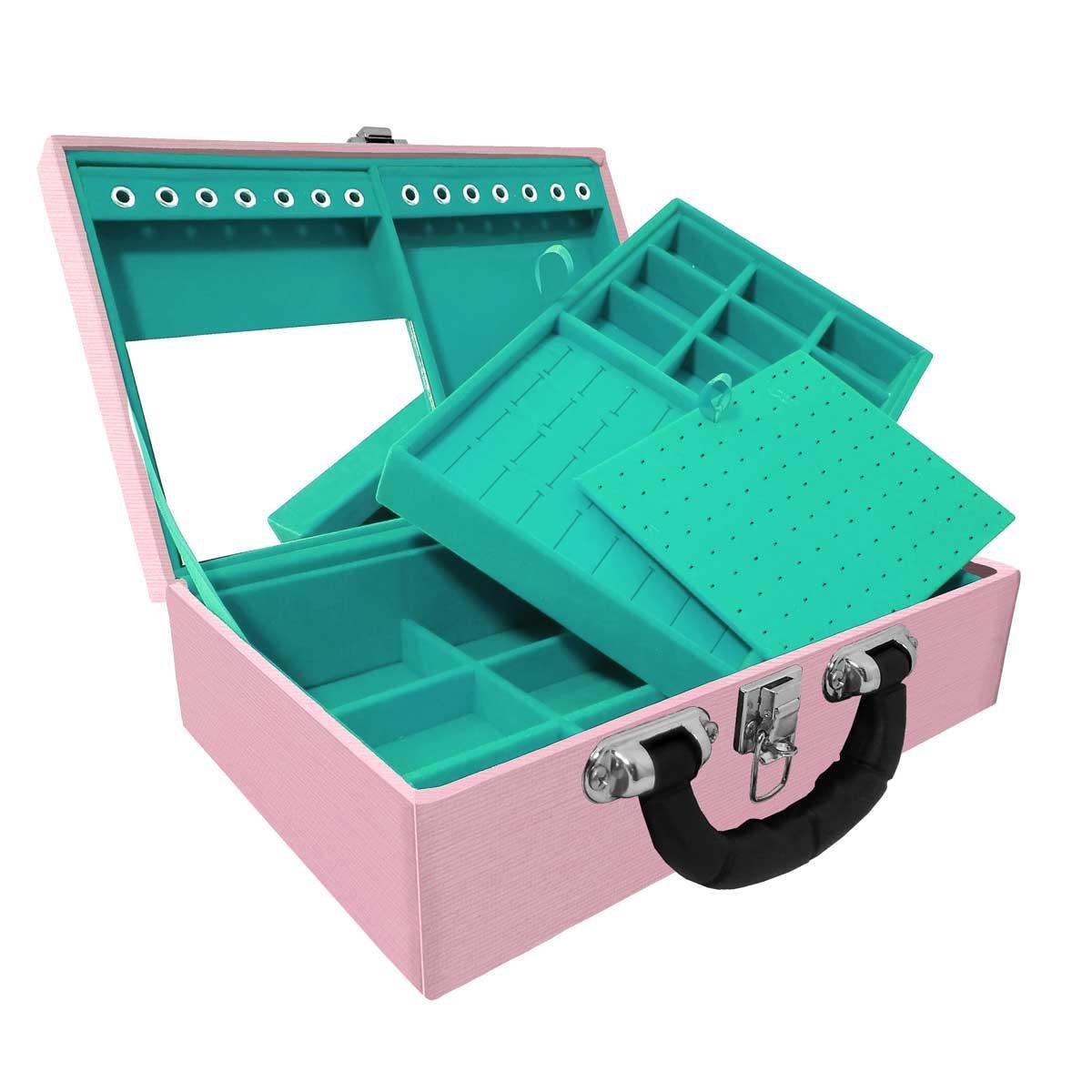 Estojo Maleta Porta Jóias Duplo Médio Milão Rosa Com Alça Preta e Espelho