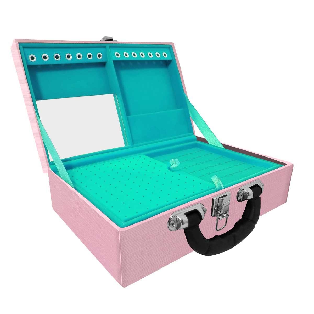 Estojo Maleta Porta Jóias Duplo Médio Milão Rosa Com Alça Preta e Espelho
