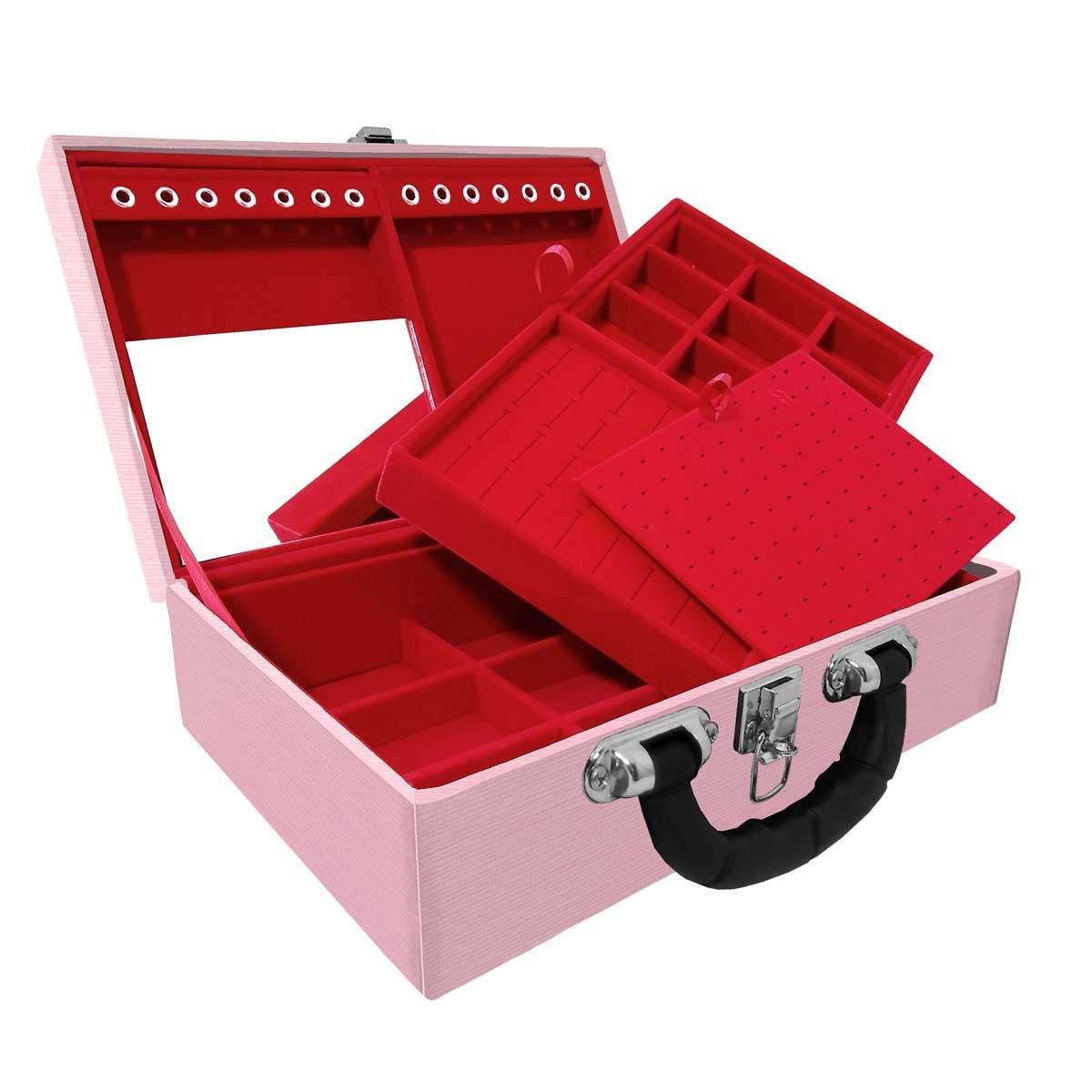 Estojo Maleta Porta Jóias Duplo Médio Milão Rosa Com Alça Preta e Espelho