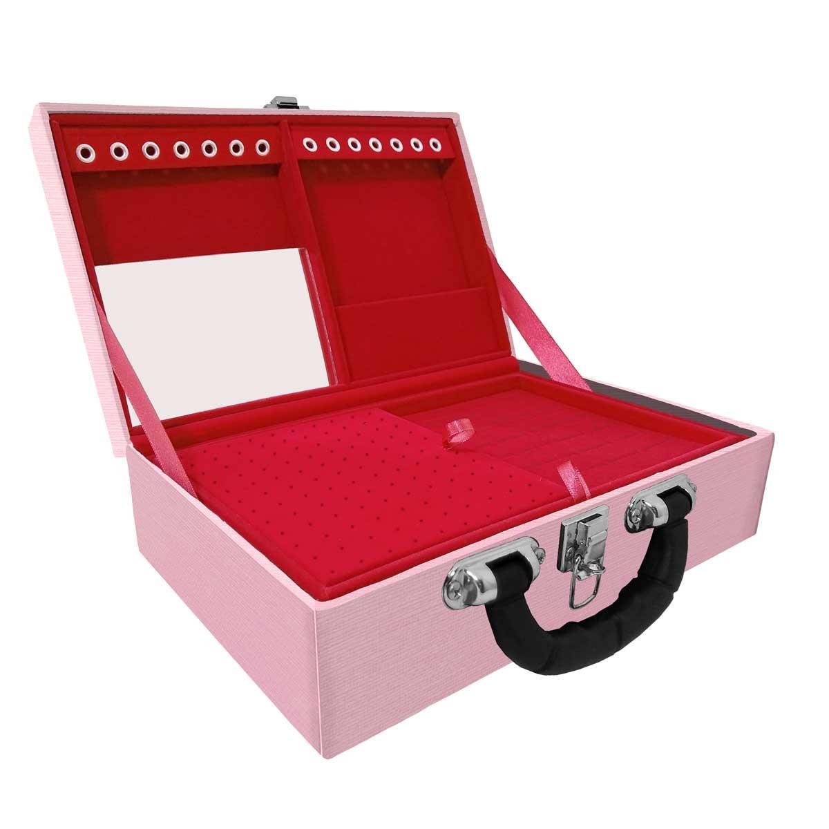 Estojo Maleta Porta Jóias Duplo Médio Milão Rosa Com Alça Preta e Espelho