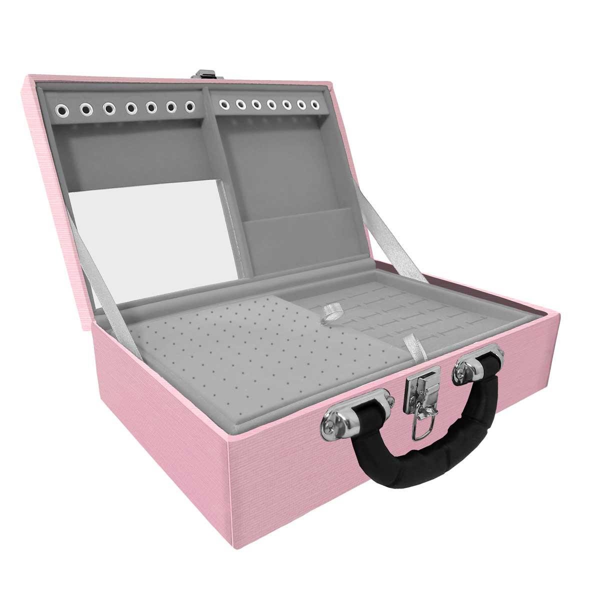 Estojo Maleta Porta Jóias Duplo Médio Milão Rosa Com Alça Preta e Espelho