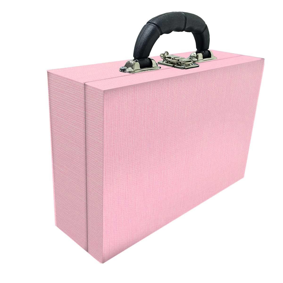 Estojo Maleta Porta Jóias Duplo Médio Milão Rosa Com Alça Preta e Espelho