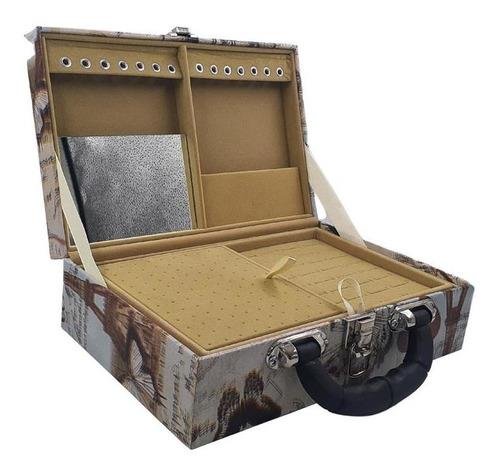 Estojo Maleta Porta Jóias Duplo Médio Paris Retro Com Alça Preta e Espelho