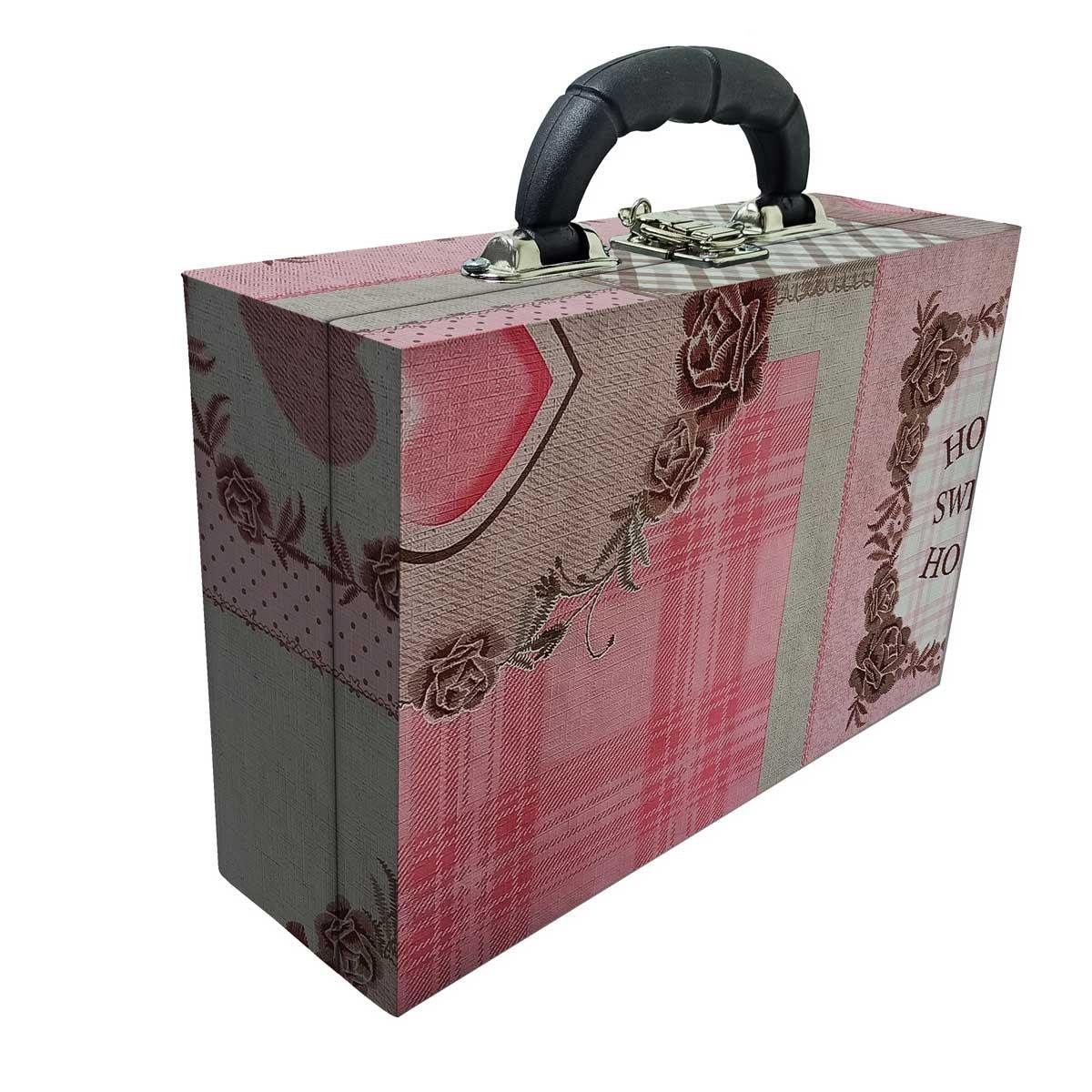 Estojo Maleta Porta Jóias Duplo Médio Sweet Home Com Alça Preta e Espelho