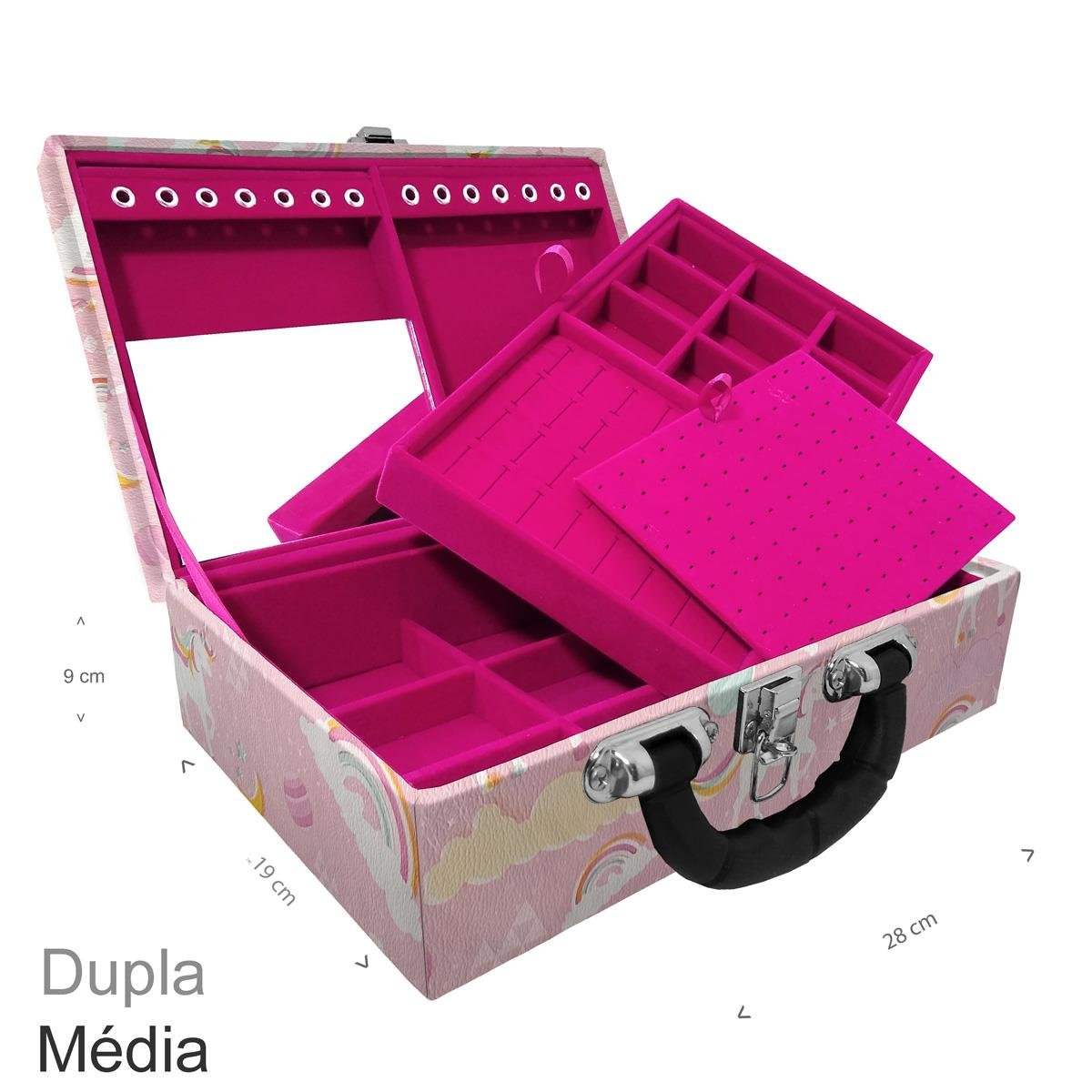Maleta Dupla Média Unicórnio Rosa Com Alça Preta e Espelho - Sob Encomenda
