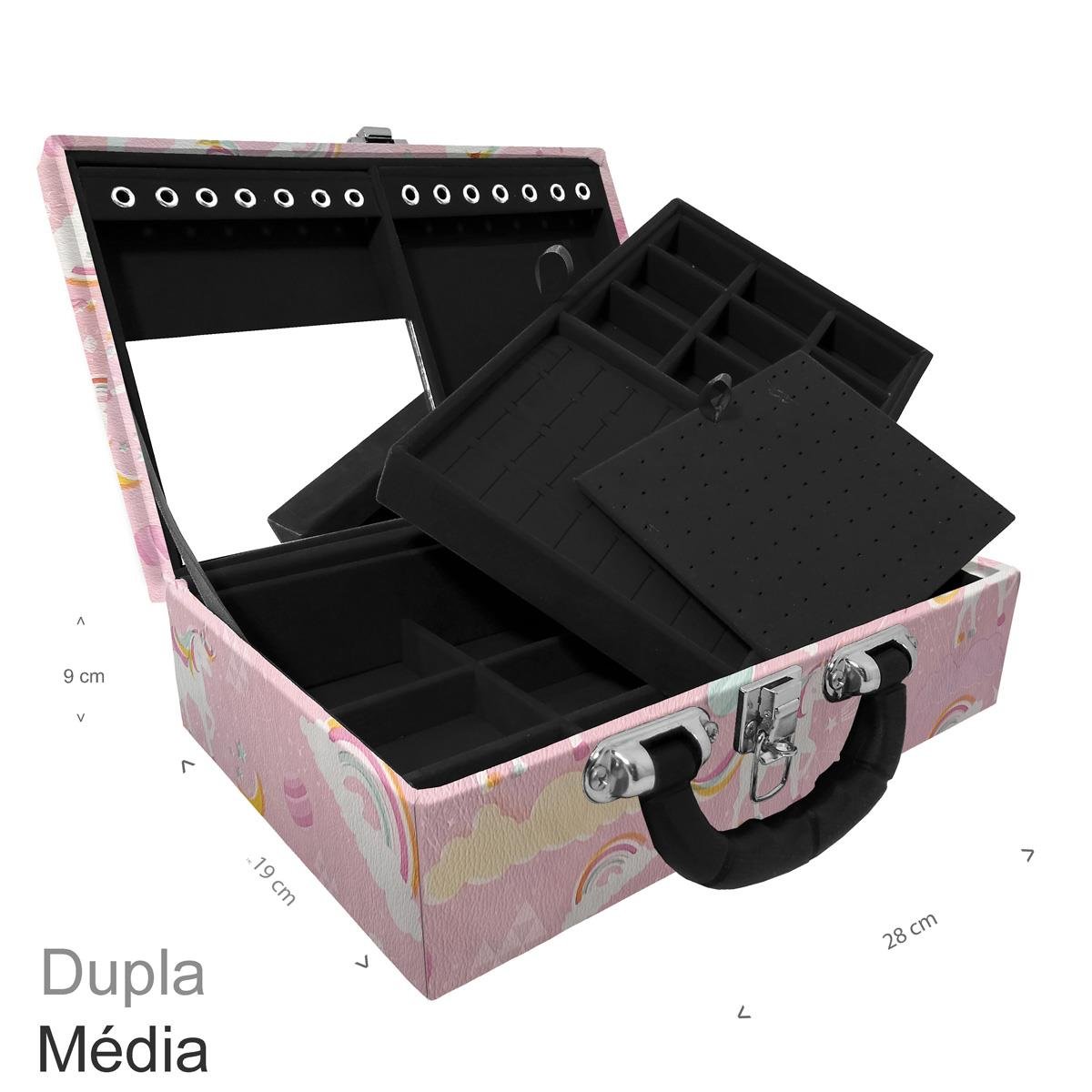 Maleta Dupla Média Unicórnio Rosa Com Alça Preta e Espelho - Sob Encomenda