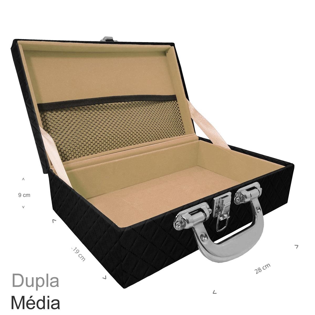 Maleta Dupla Média Vazia Dijon Preto Com Alça Cromada e Redinha - Sob Encomenda
