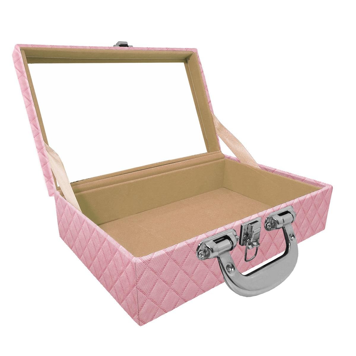 Maleta Dupla Média Vazia Dijon Rosa Bebê Metalizado Com Alça Cromada e Espelho - Sob Encomenda