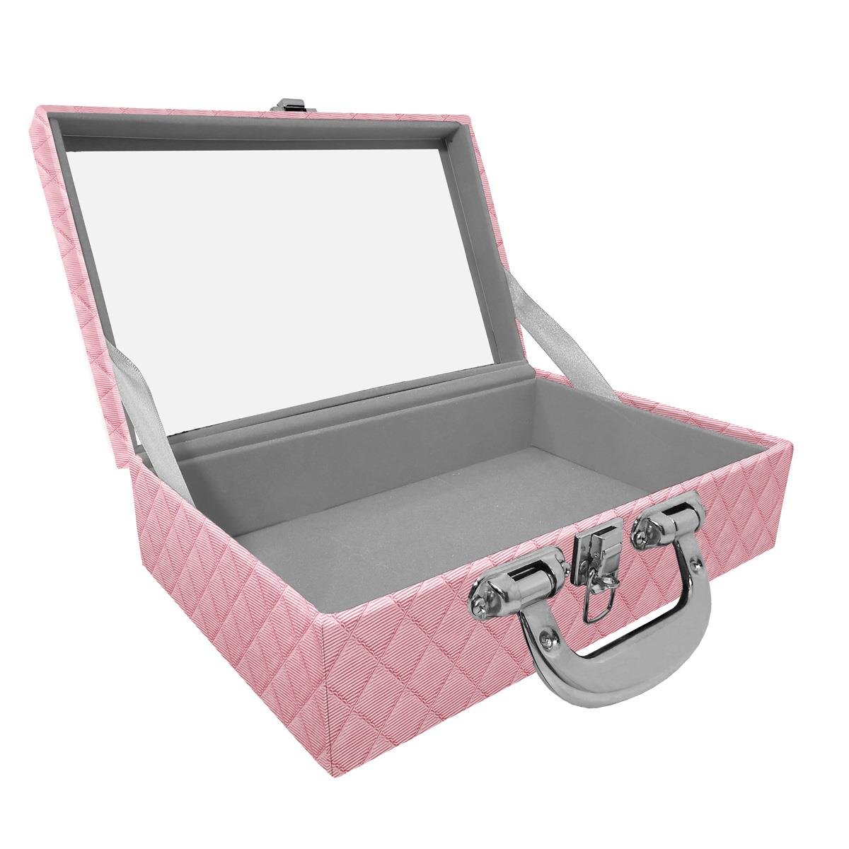Maleta Dupla Média Vazia Dijon Rosa Bebê Metalizado Com Alça Cromada e Espelho - Sob Encomenda