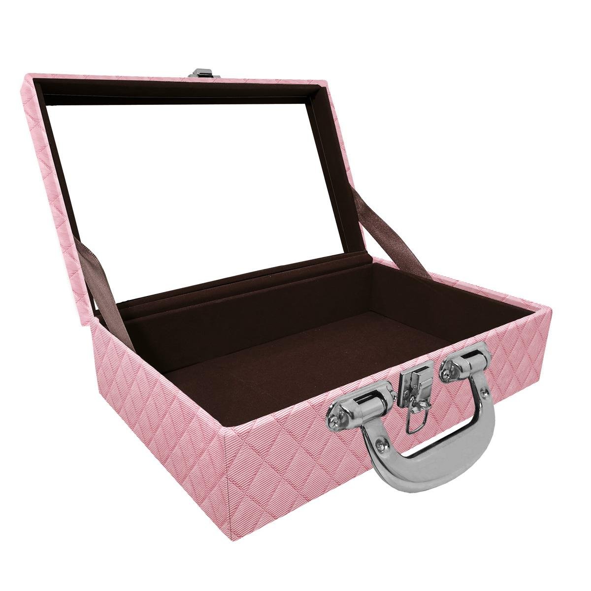 Maleta Dupla Média Vazia Dijon Rosa Bebê Metalizado Com Alça Cromada e Espelho - Sob Encomenda