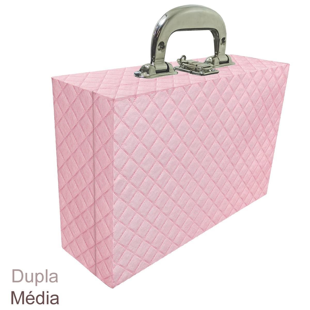Maleta Dupla Média Vazia Dijon Rosa Bebê Metalizado Com Alça Cromada e Espelho - Sob Encomenda