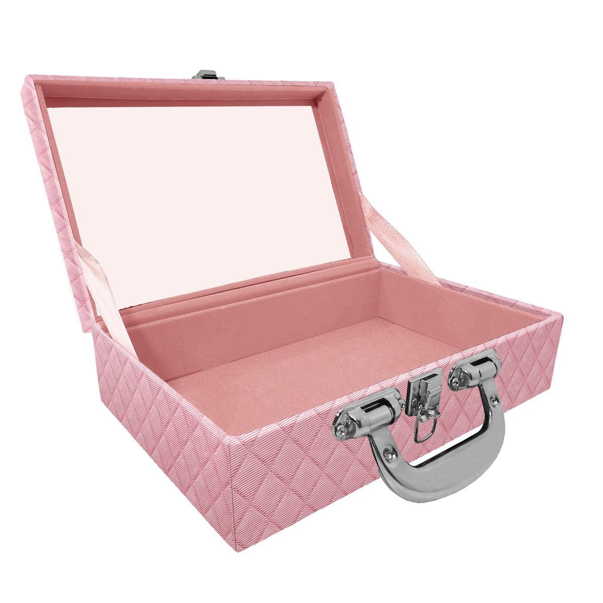 Maleta Dupla Média Vazia Dijon Rosa Bebê Metalizado Com Alça Cromada e Espelho - Sob Encomenda