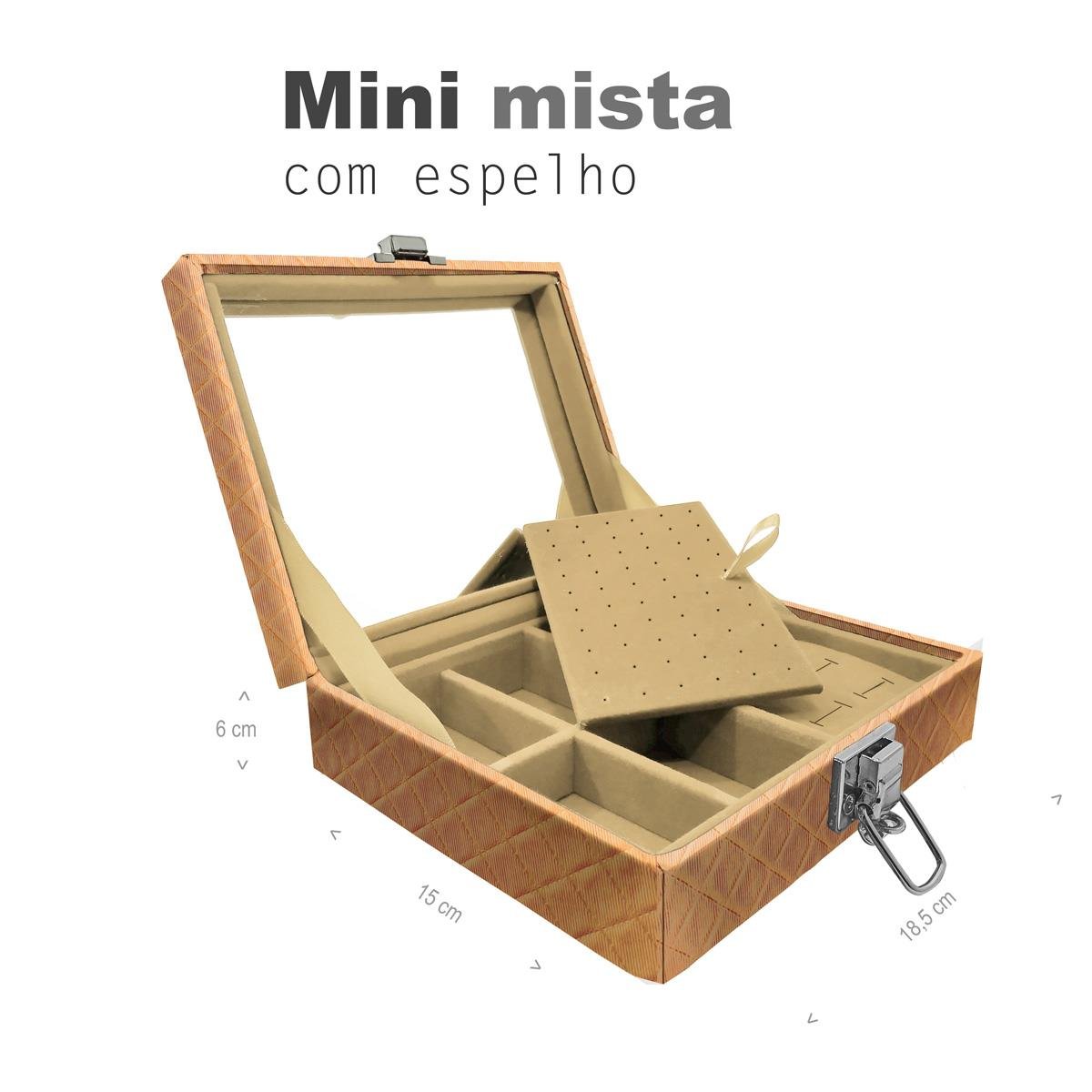 Estojo Maleta Porta Jóias Mini Mista Dijon Dourado Com Espelho Sem Alça