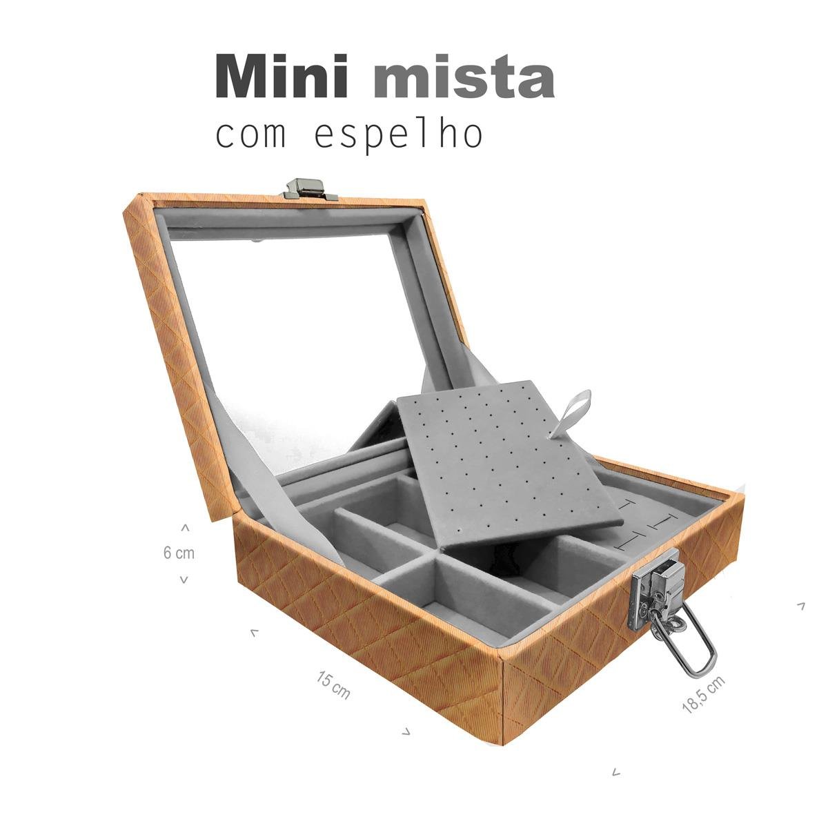 Estojo Maleta Porta Jóias Mini Mista Dijon Dourado Com Espelho Sem Alça