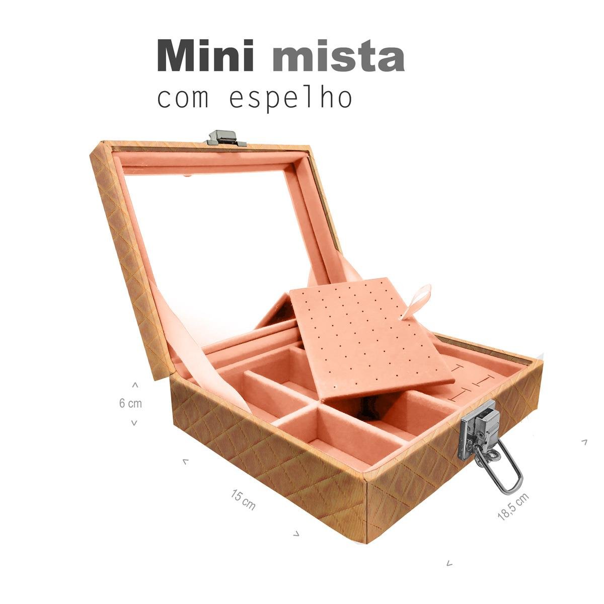 Estojo Maleta Porta Jóias Mini Mista Dijon Dourado Com Espelho Sem Alça