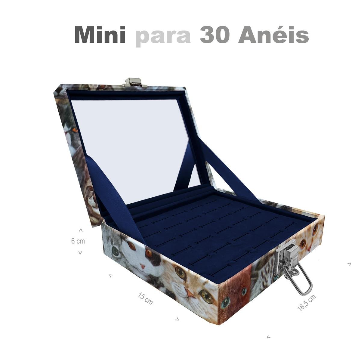 Estojo Maleta Porta Jóias Mini Para 30 Anéis Cara De Gatos Com Espelho Sem Alça