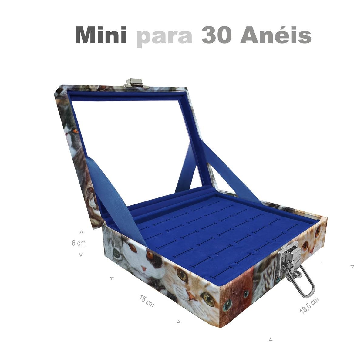 Estojo Maleta Porta Jóias Mini Para 30 Anéis Cara De Gatos Com Espelho Sem Alça