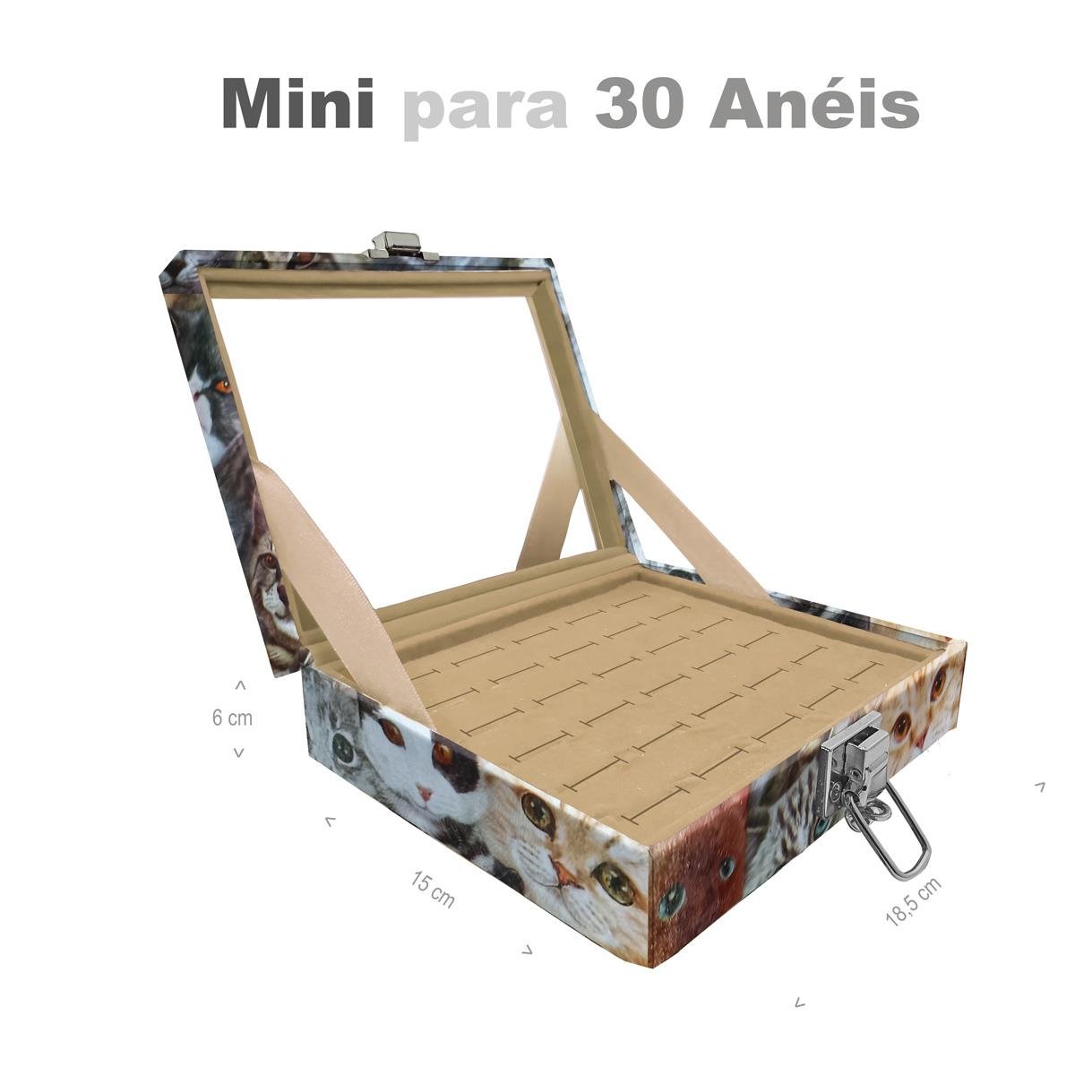 Estojo Maleta Porta Jóias Mini Para 30 Anéis Cara De Gatos Com Espelho Sem Alça