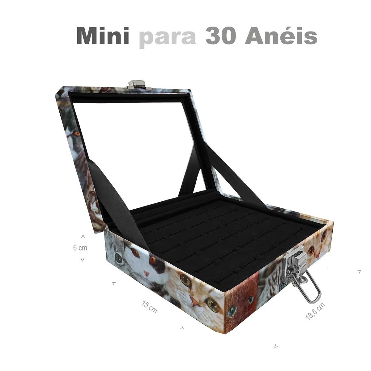 Estojo Maleta Porta Jóias Mini Para 30 Anéis Cara De Gatos Com Espelho Sem Alça