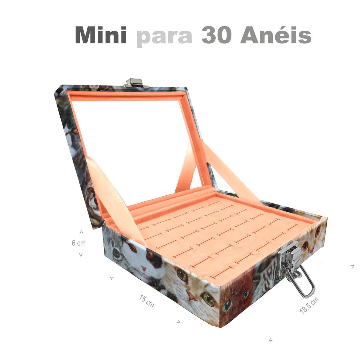 Estojo Maleta Porta Jóias Mini Para 30 Anéis Cara De Gatos Com Espelho Sem Alça