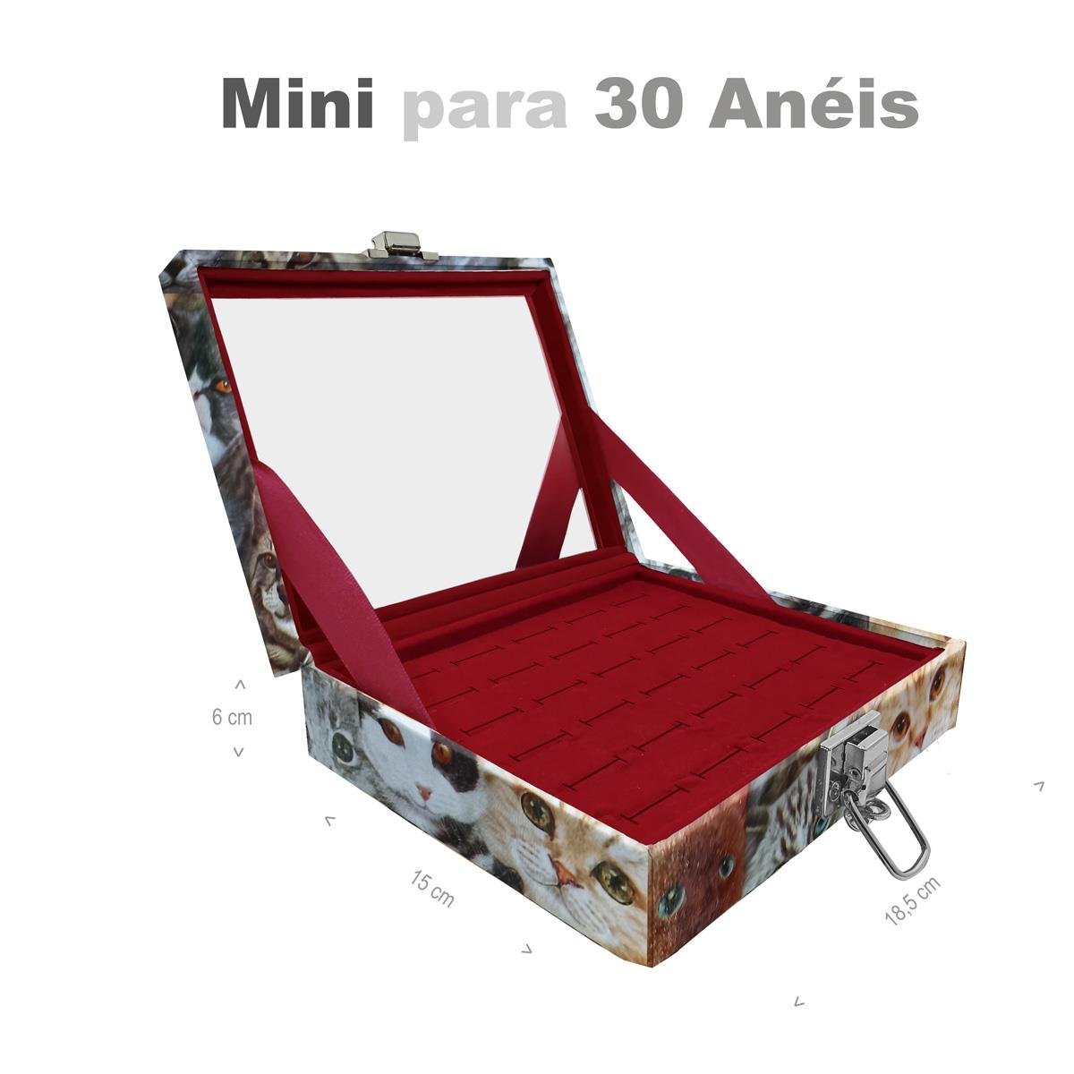 Estojo Maleta Porta Jóias Mini Para 30 Anéis Cara De Gatos Com Espelho Sem Alça