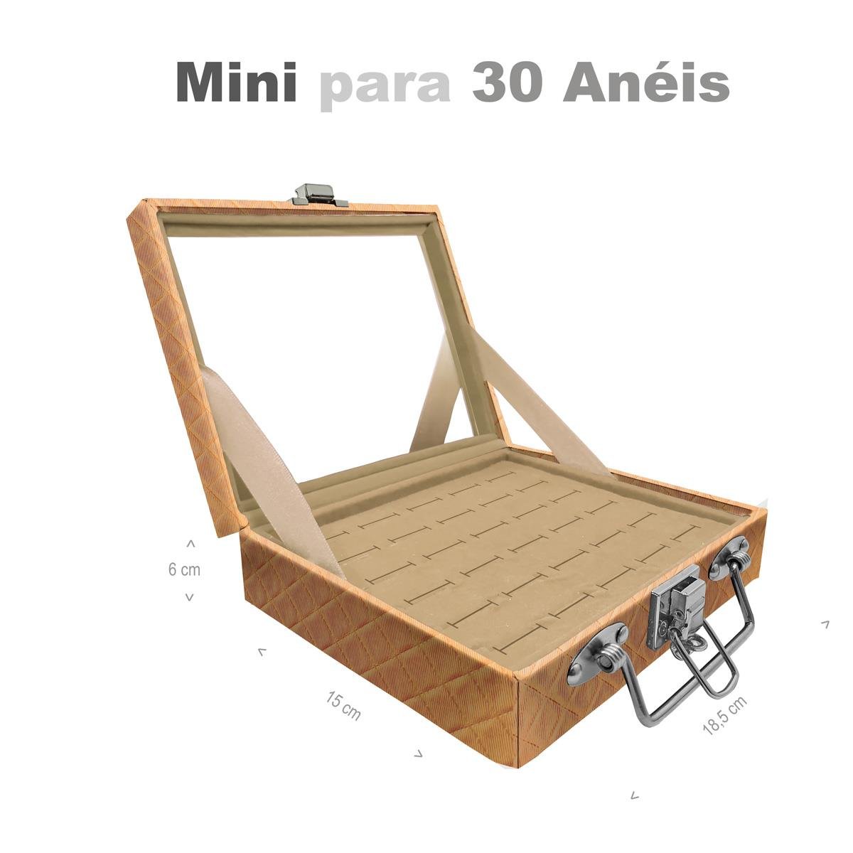 Estojo Maleta Porta Jóias Mini Para 30 Anéis Dijon Dourado Com Espelho