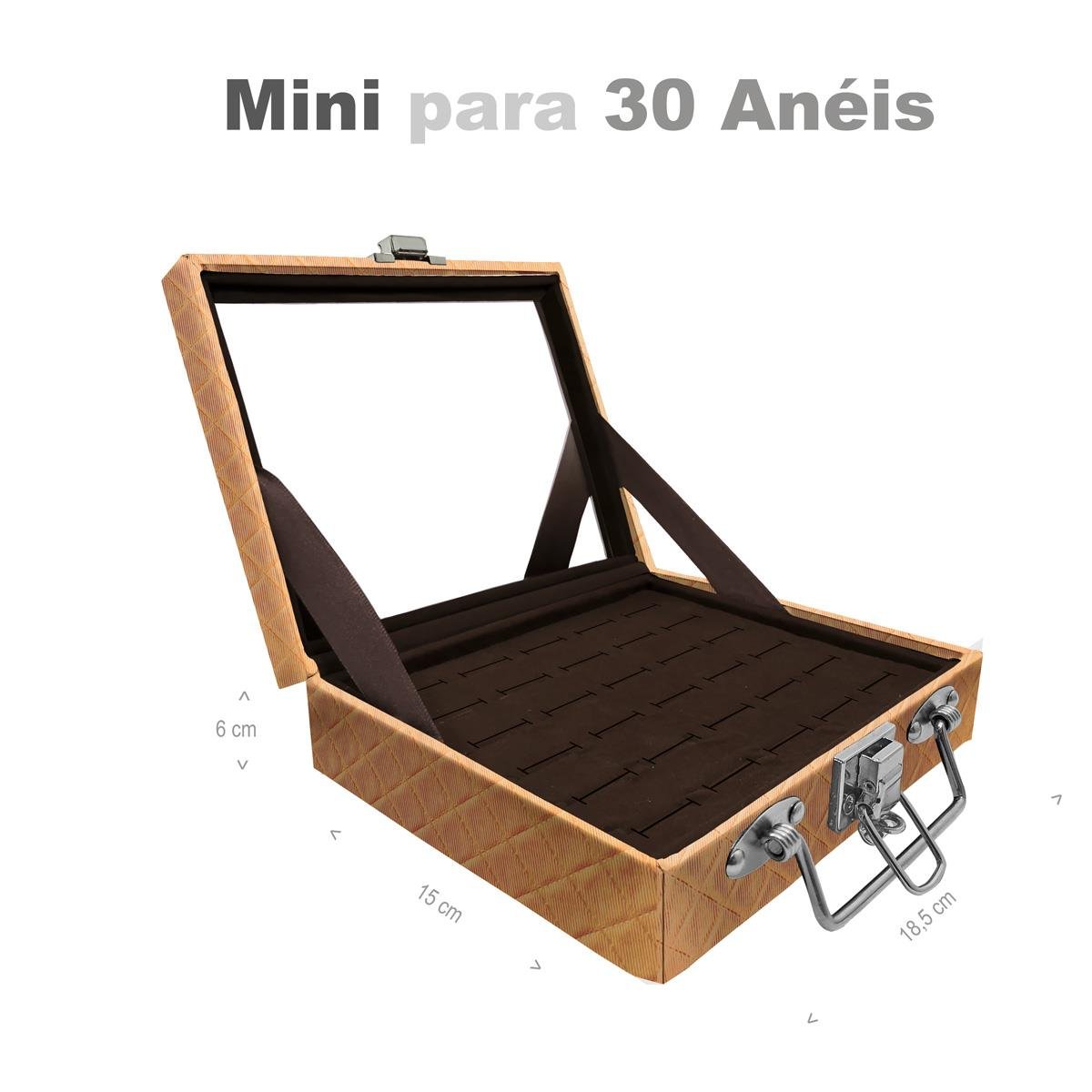 Estojo Maleta Porta Jóias Mini Para 30 Anéis Dijon Dourado Com Espelho