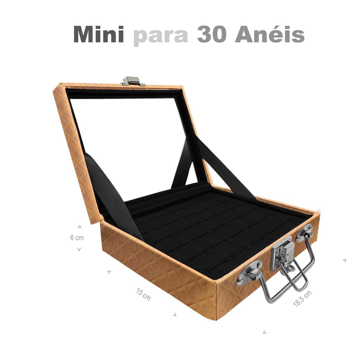 Estojo Maleta Porta Jóias Mini Para 30 Anéis Dijon Dourado Com Espelho