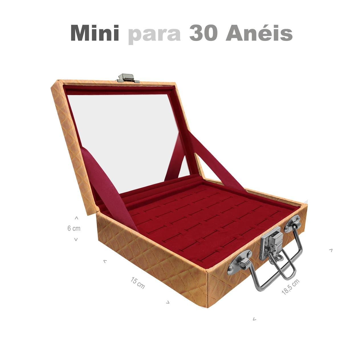 Estojo Maleta Porta Jóias Mini Para 30 Anéis Dijon Dourado Com Espelho