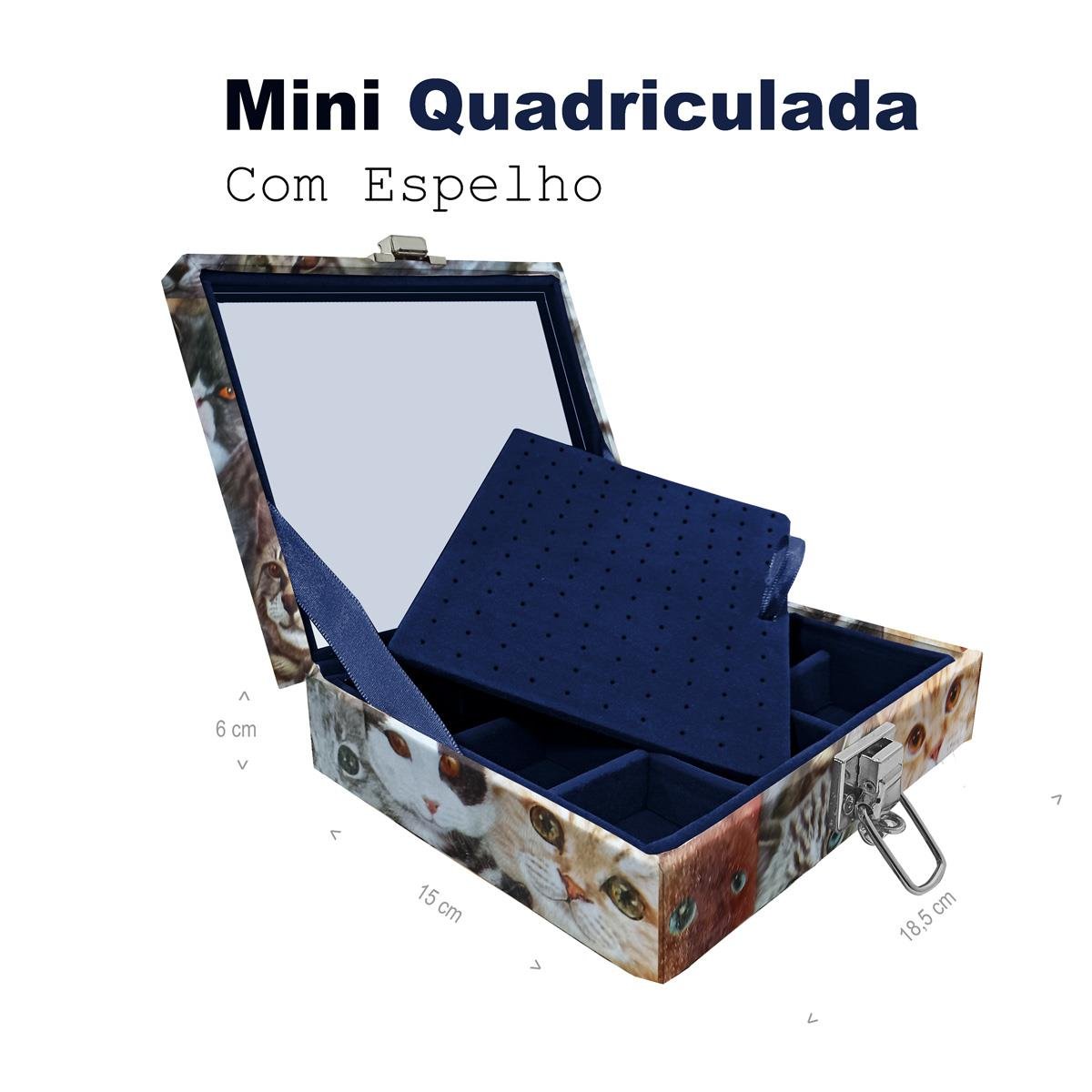 Estojo Maleta Porta Jóias Mini Quadriculada Cara De Gatos Com Espelho Sem Alça