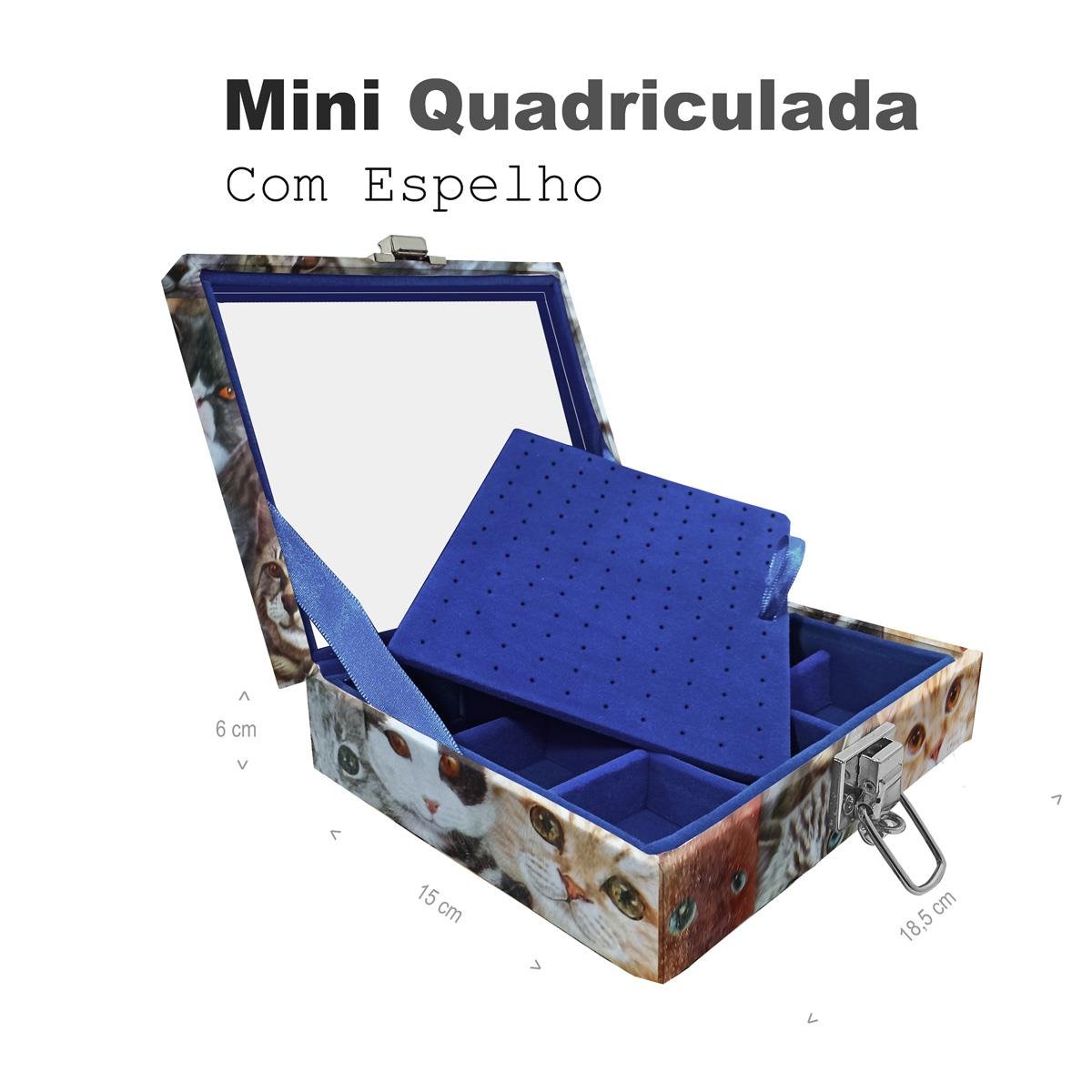 Estojo Maleta Porta Jóias Mini Quadriculada Cara De Gatos Com Espelho Sem Alça