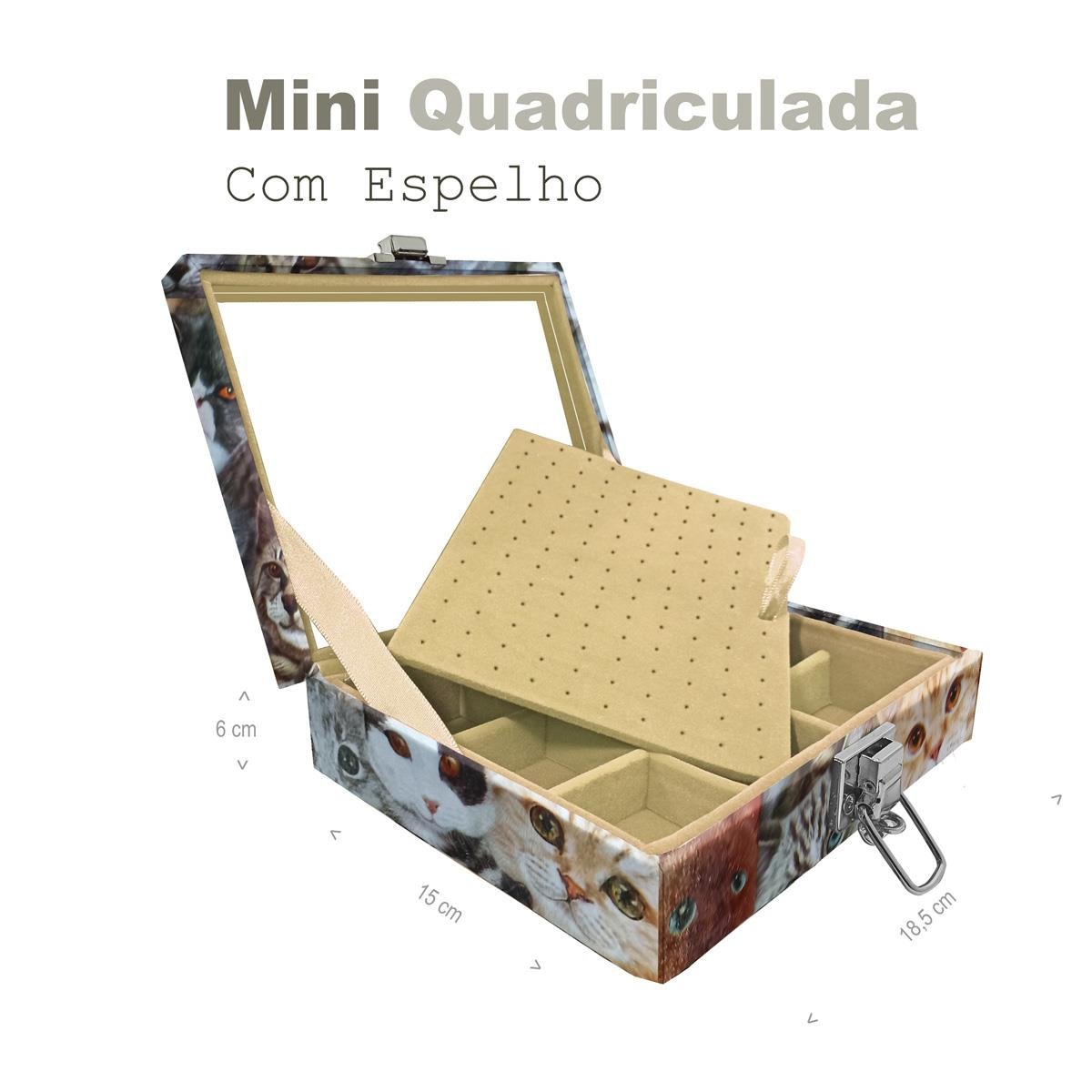 Estojo Maleta Porta Jóias Mini Quadriculada Cara De Gatos Com Espelho Sem Alça