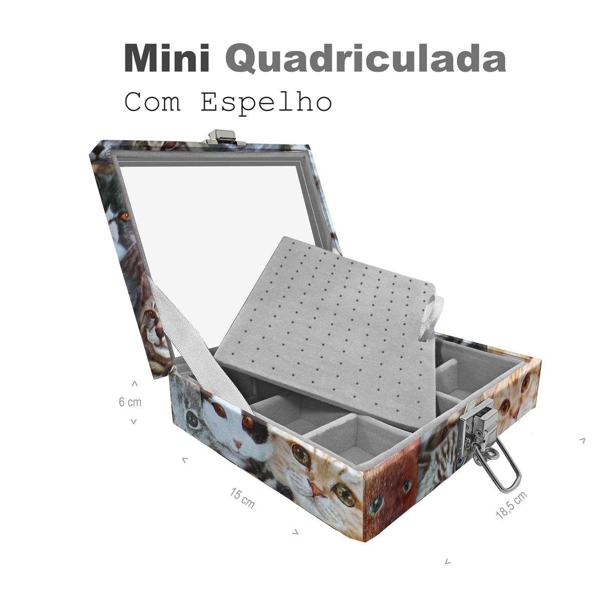 Estojo Maleta Porta Jóias Mini Quadriculada Cara De Gatos Com Espelho Sem Alça