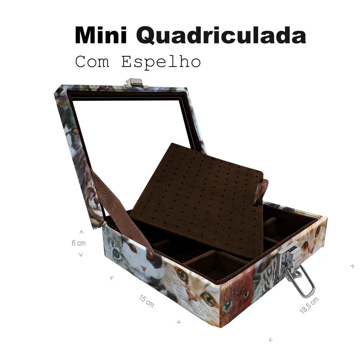 Estojo Maleta Porta Jóias Mini Quadriculada Cara De Gatos Com Espelho Sem Alça