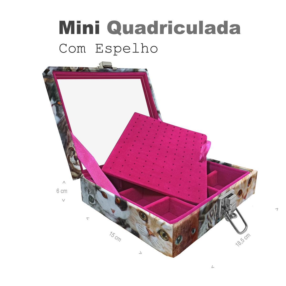 Estojo Maleta Porta Jóias Mini Quadriculada Cara De Gatos Com Espelho Sem Alça