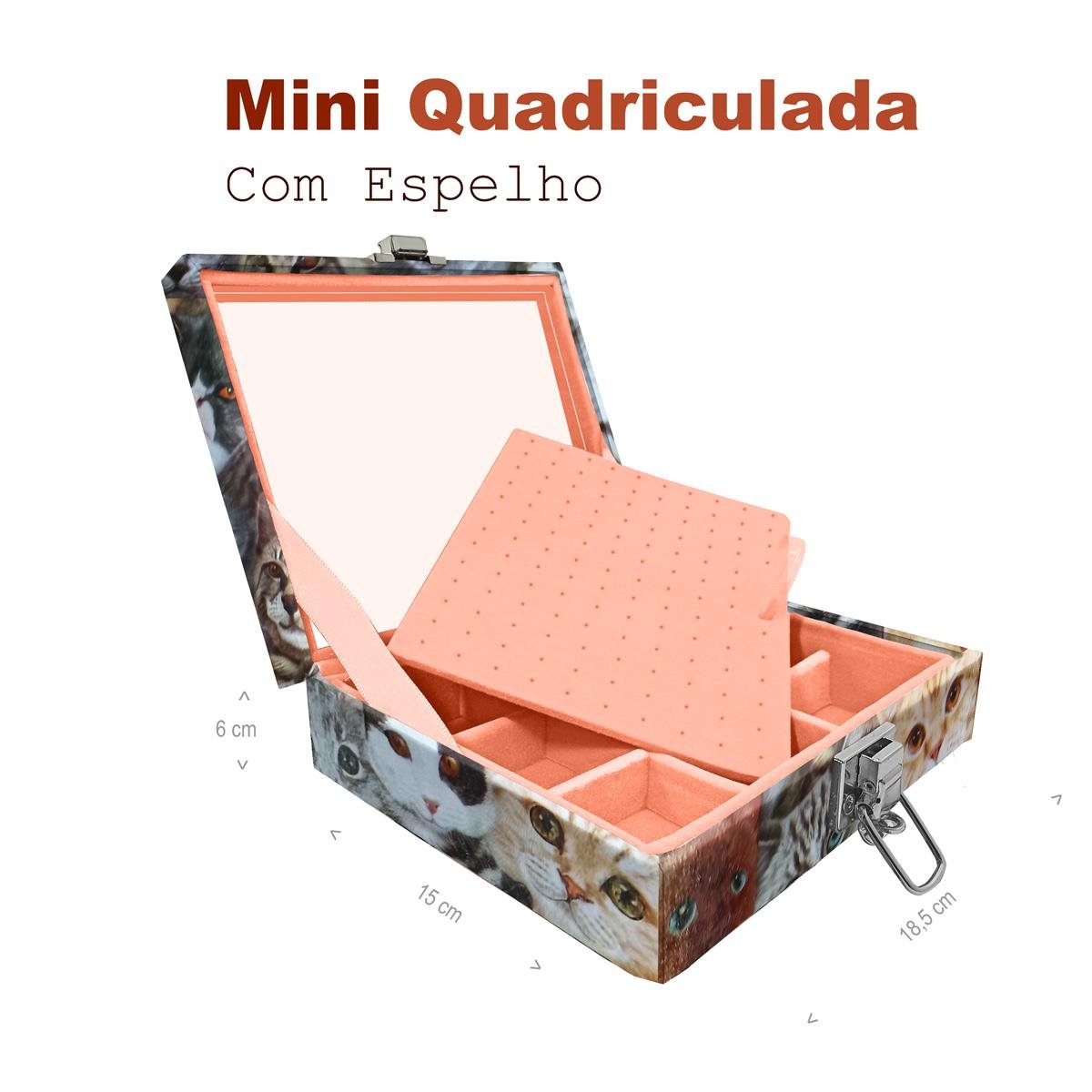 Estojo Maleta Porta Jóias Mini Quadriculada Cara De Gatos Com Espelho Sem Alça