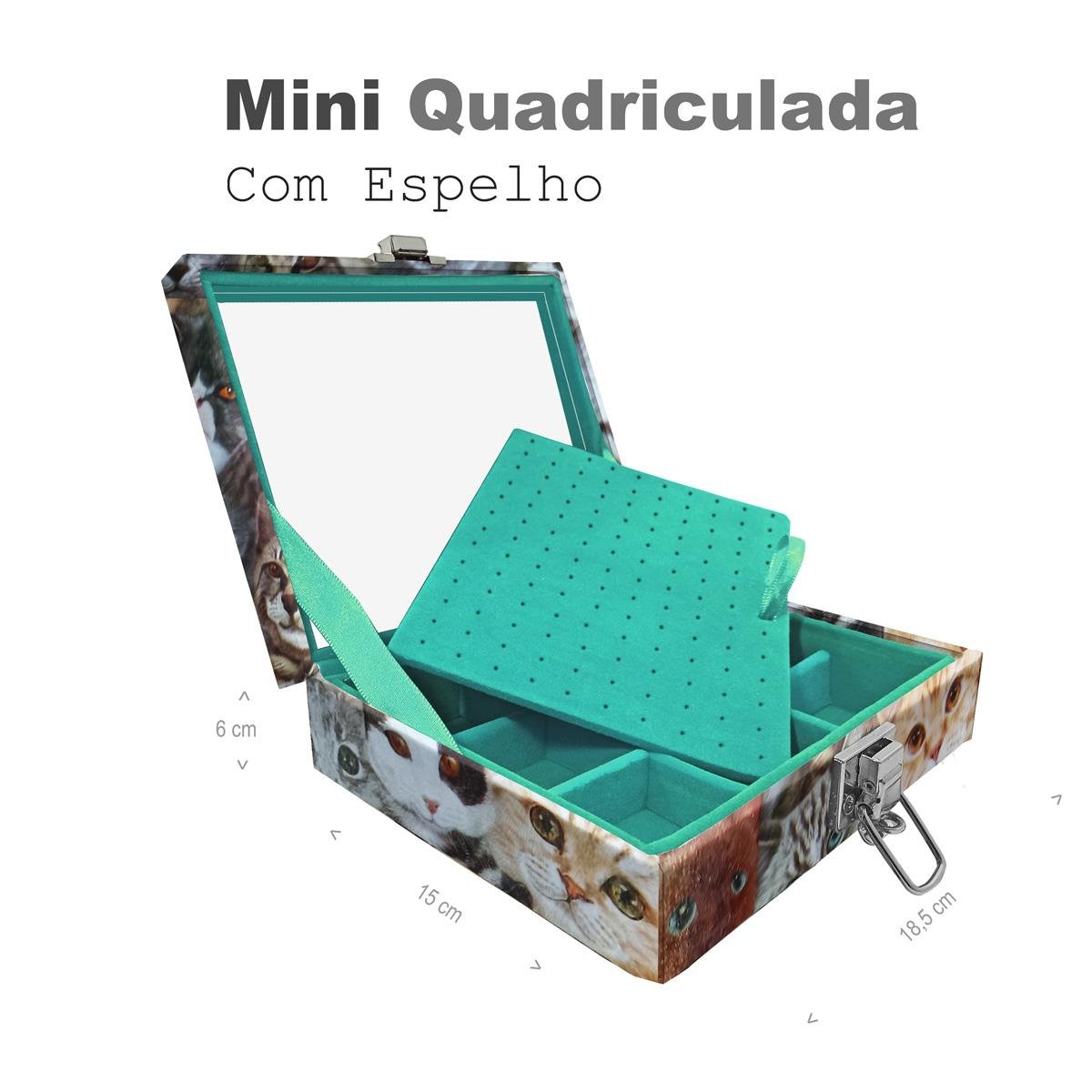 Estojo Maleta Porta Jóias Mini Quadriculada Cara De Gatos Com Espelho Sem Alça