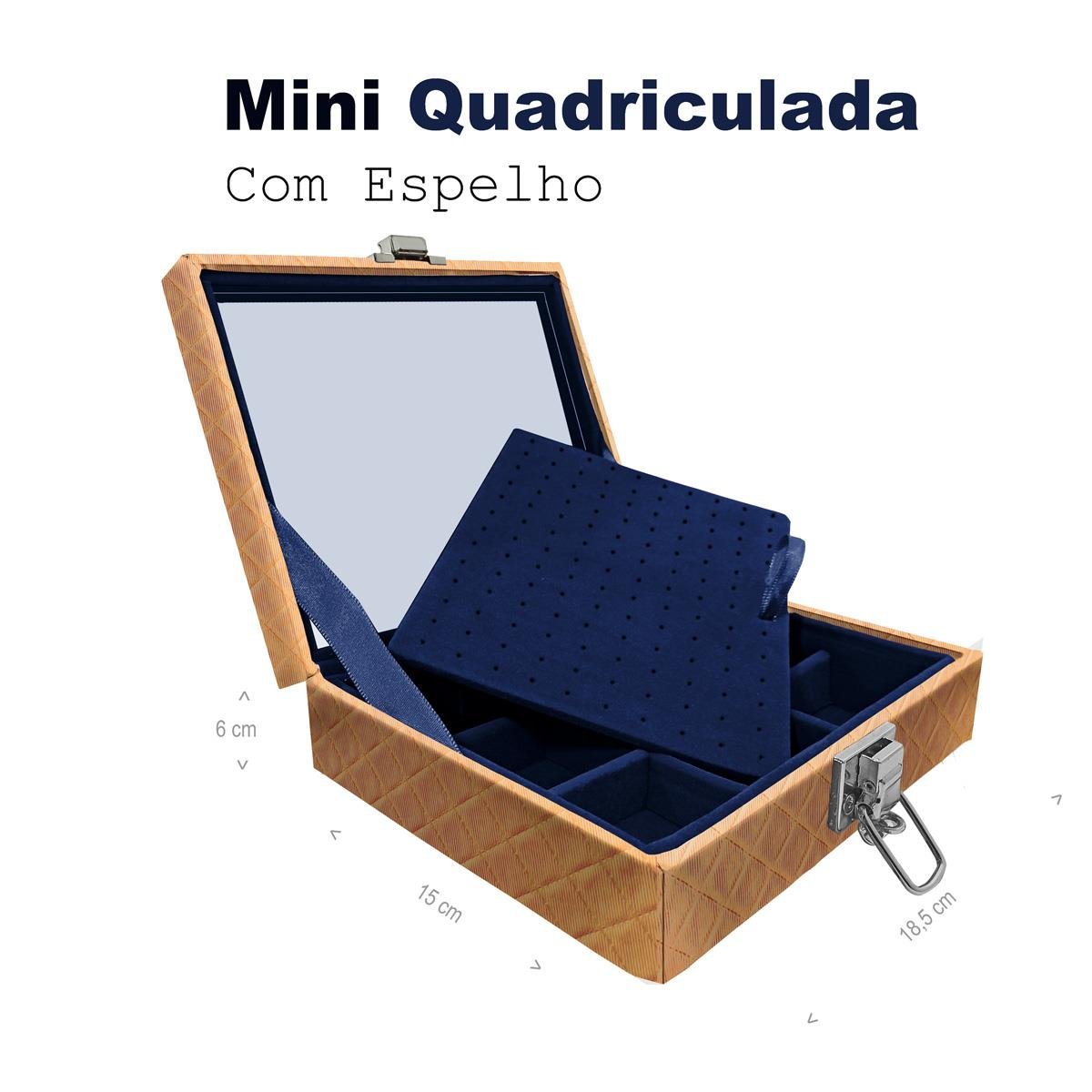 Estojo Maleta Porta Jóias Mini Quadriculada Dijon Dourado Com Espelho Sem Alça