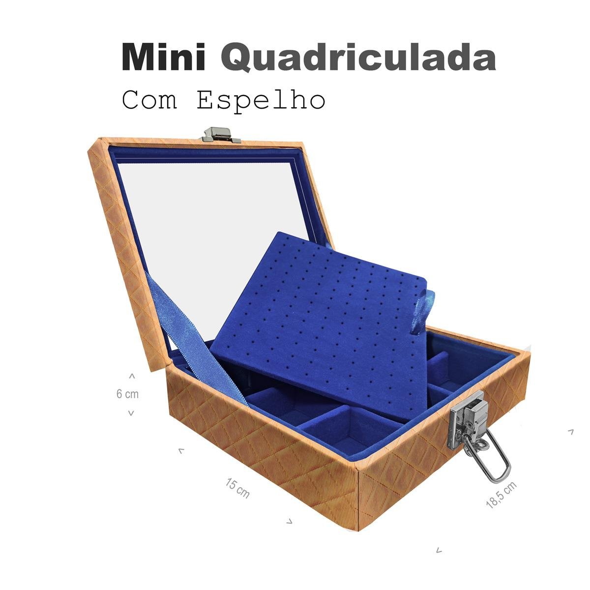 Estojo Maleta Porta Jóias Mini Quadriculada Dijon Dourado Com Espelho Sem Alça