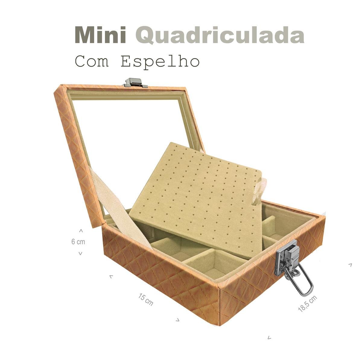 Estojo Maleta Porta Jóias Mini Quadriculada Dijon Dourado Com Espelho Sem Alça