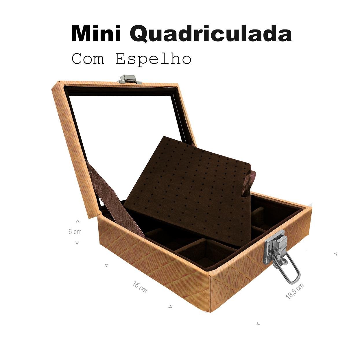 Estojo Maleta Porta Jóias Mini Quadriculada Dijon Dourado Com Espelho Sem Alça