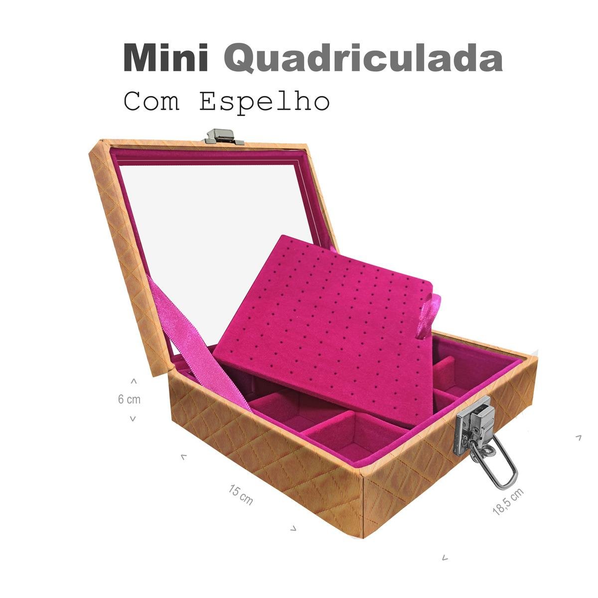 Estojo Maleta Porta Jóias Mini Quadriculada Dijon Dourado Com Espelho Sem Alça