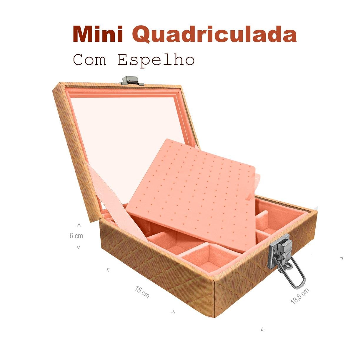 Estojo Maleta Porta Jóias Mini Quadriculada Dijon Dourado Com Espelho Sem Alça
