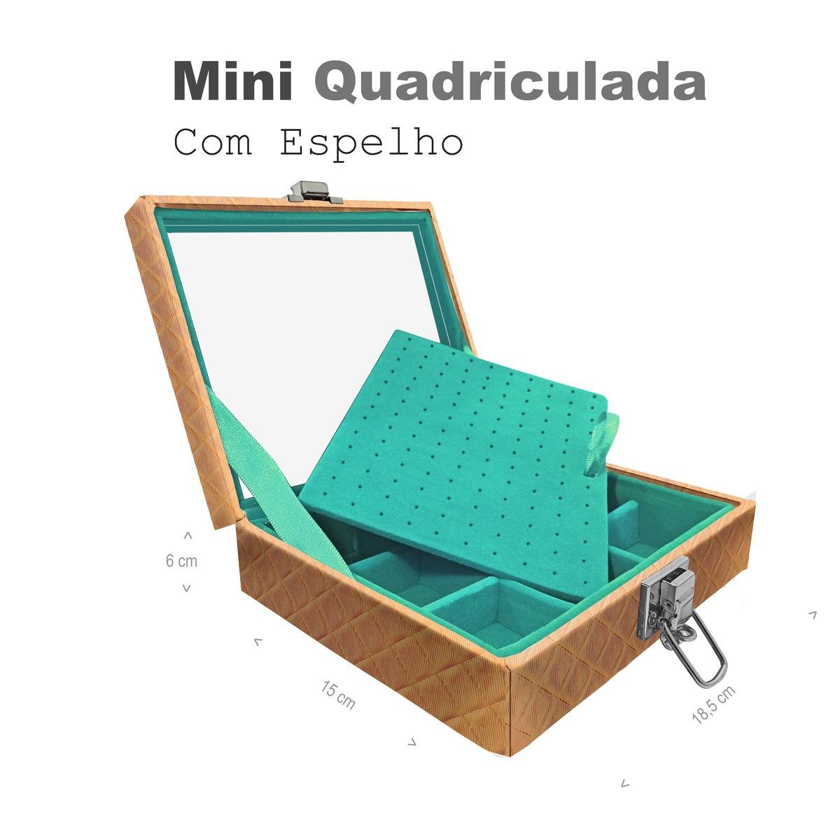 Estojo Maleta Porta Jóias Mini Quadriculada Dijon Dourado Com Espelho Sem Alça